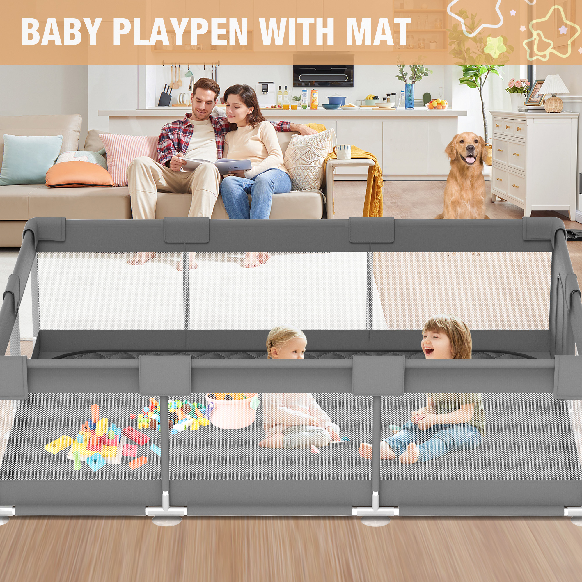 Babyeap Large Baby Playpen with Mat, 71" x 50" photo 7