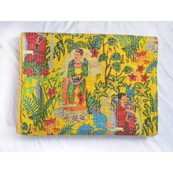 indian cotton kantha quilt Bedding throw sofa coverlet bedspread double size handmade vintage yellow farida khalo print