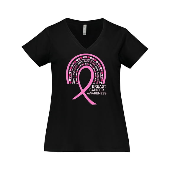 Inktastic Breast Cancer Awareness Rainbow Ribbon with Hearts Women's Plus Size V-Neck T-Shirt
