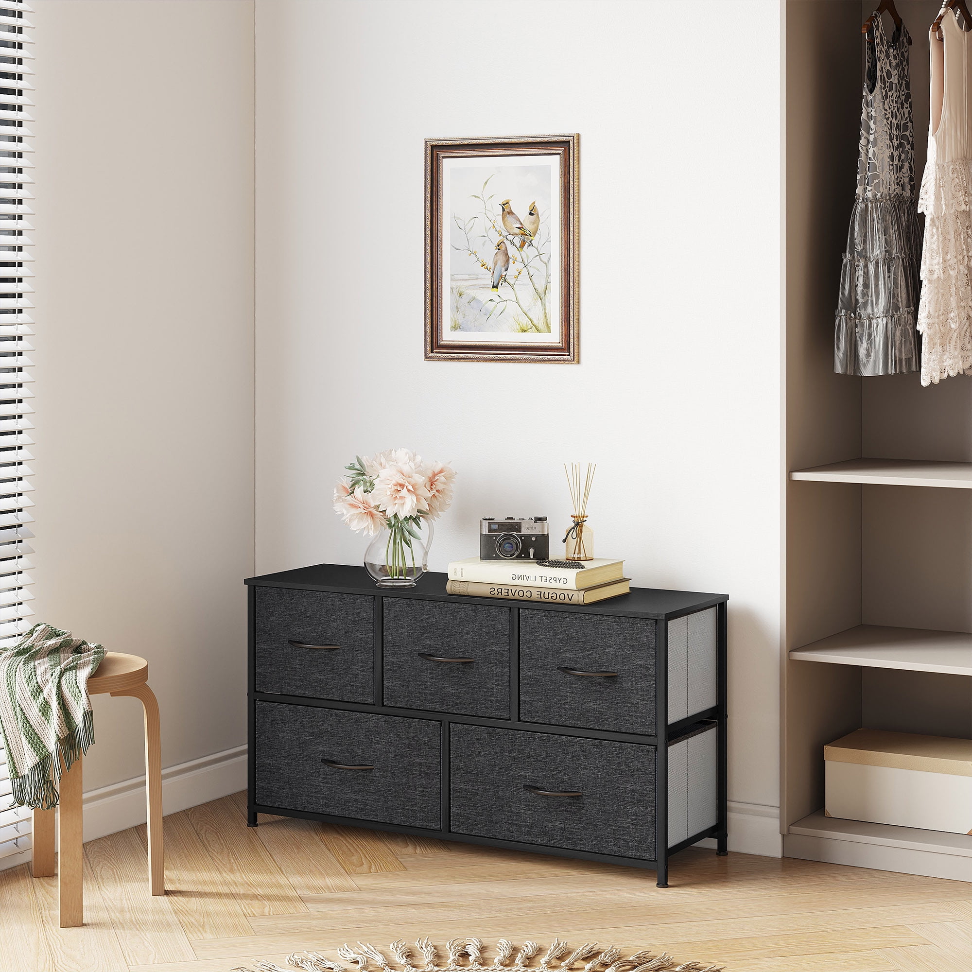 Dextrus 4 Drawer Storage Organizer Wooden Top Shelf for Closets, Black Grey