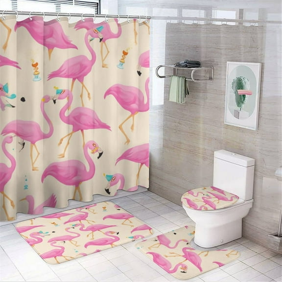 Pink Flamingo Pattern Shower Curtain Waterproof Bathroom Curtain Set with Hooks Home Decor Bathroom Curtains 4pcs