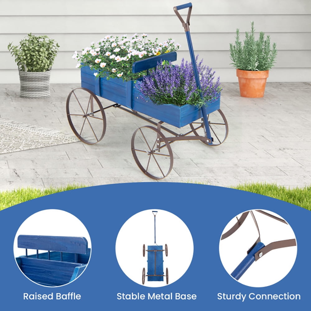Resenkos Raised Planter Boxes, Large Space Elevated Flower Beds,Wooden Wagon Plant Bed with Metal Wheels for Garden Yard Patio-Blue