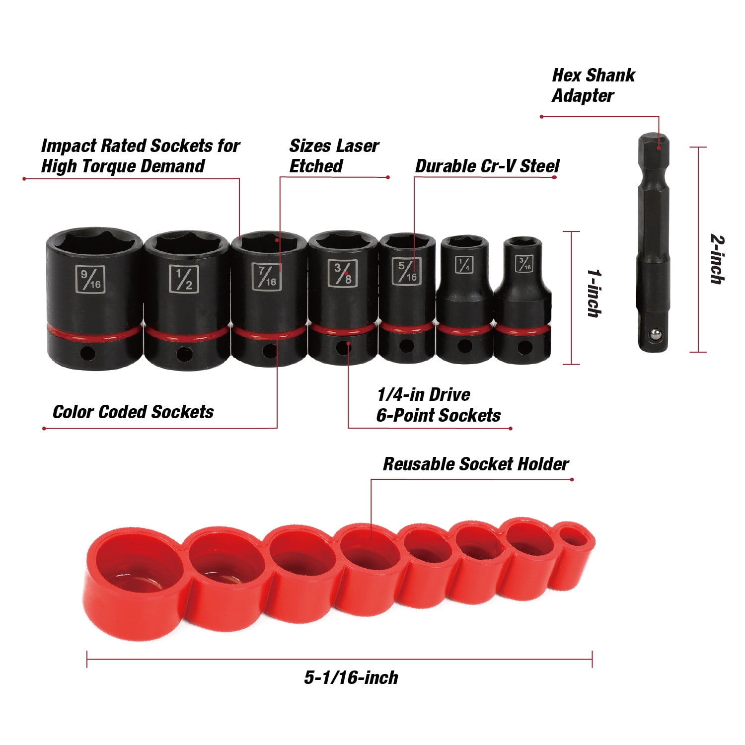 Hyper Tough 8-Piece 1/4-inch Drive Impact Socket Set (SAE)