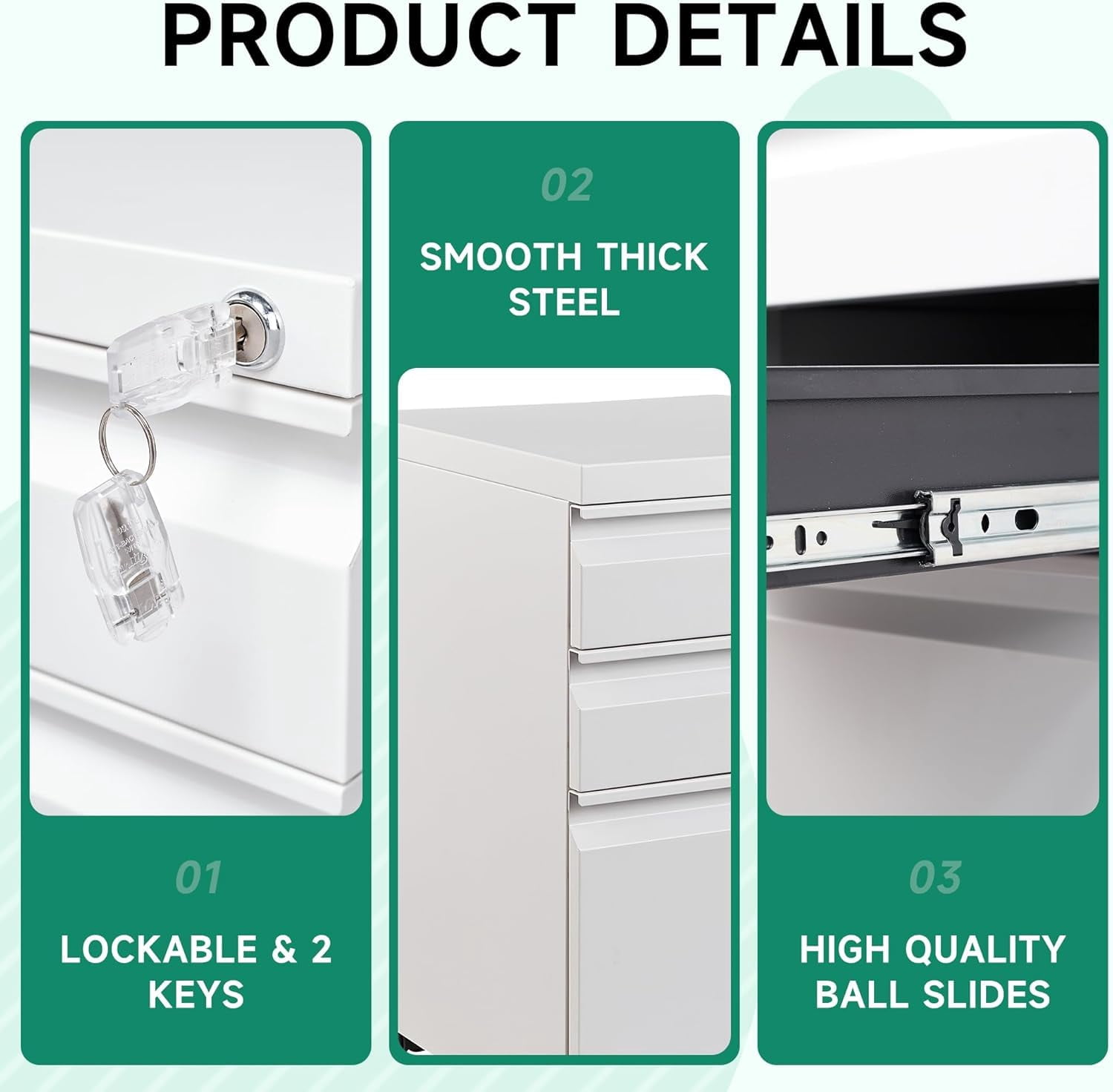 Steel Rolling File Cabinet 3 Drawers with Lock, Compact Under Desk Storage for Home Office, Fits A4 Legal Letter Folders, White