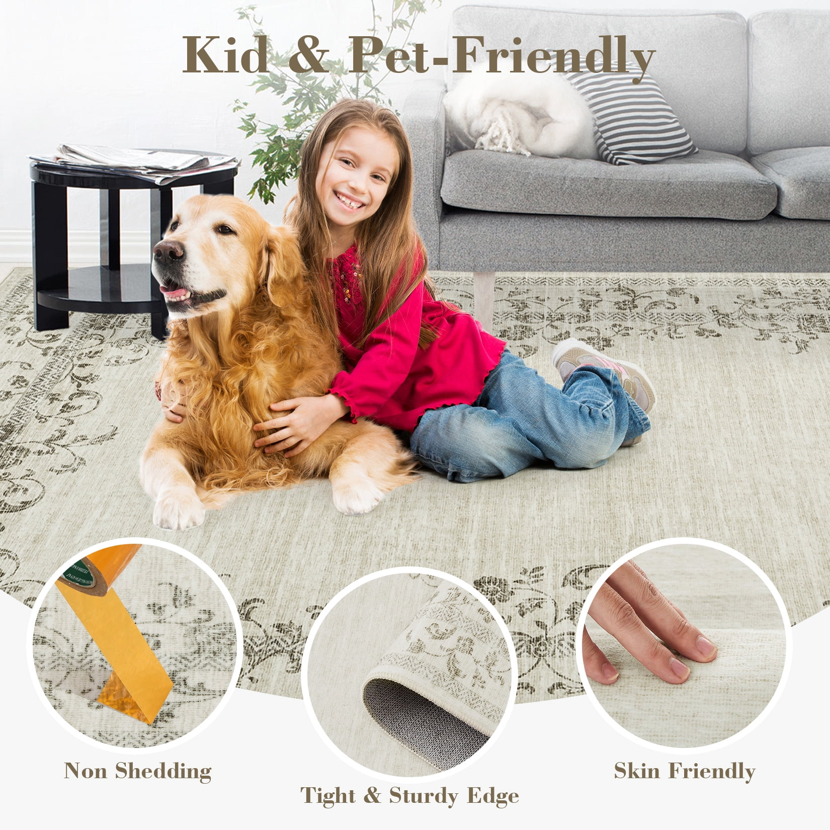 Garvee 8'x10' Area Rugs, Oriental Rug Floral Print Rugs Soft Washable Rugs for Living Room Bedroom Home Decor, Non-Slip Durable Carpet, Beige