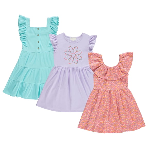 BTween 3 Piece Girls Summer Dress Set - Short Sleeve Casual Skater Dresses, Shell, 10/12