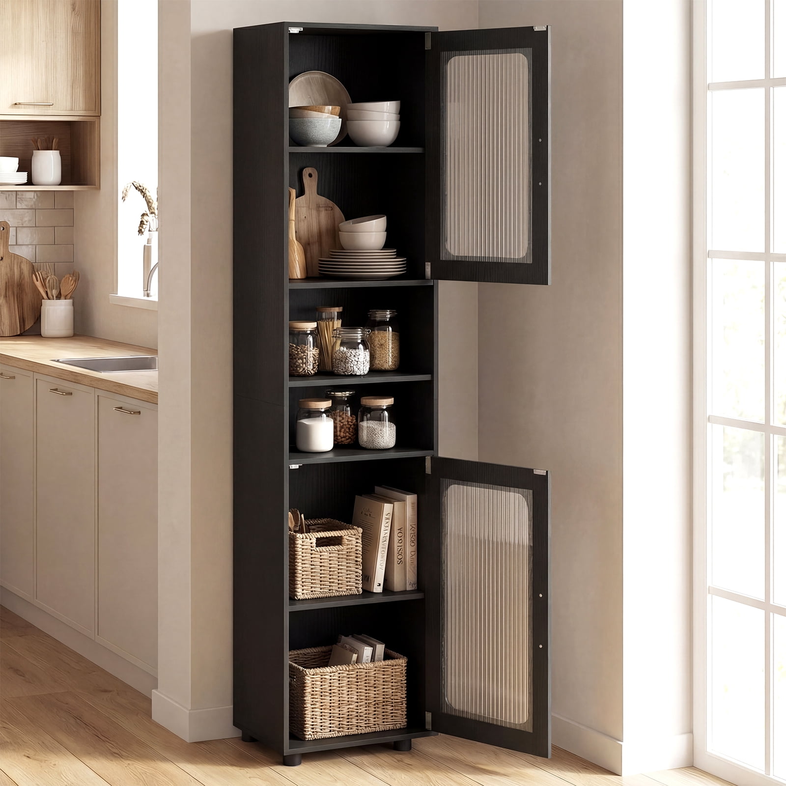 Giantex Tall Bathroom Storage Cabinet, Freestanding Storage Organizer w/Adjustable Shelf for Small Spaces, Black