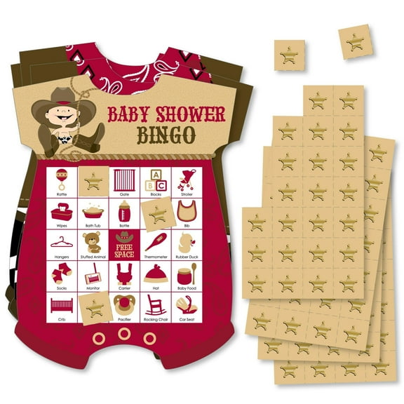 Big Dot of Happiness Little Cowboy - Picture Bingo Cards and Markers - Western Baby Shower Shaped Bingo Game - Set of 18