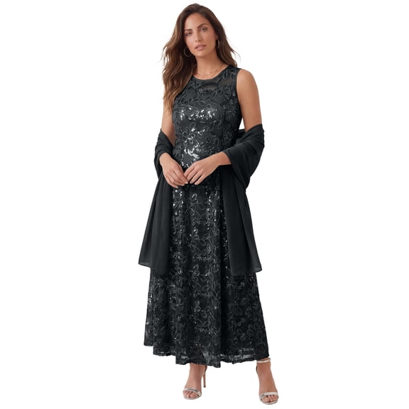 Roaman's Women's Plus Size Plus-Size Allover Lace Embellished Shawl Gown