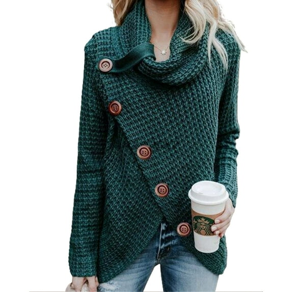 KZKR Womens Long Sleeve Button Sweaters Pullover Cowl Neck Casual Knitted Wrap Lightweight Sweaters Jumper