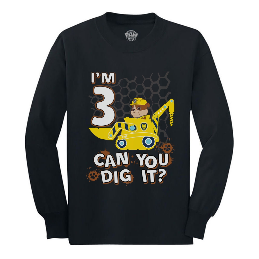 Official Paw Patrol Rubble 3rd Birthday Tractor Toddler Kids Long Sleeve T-Shirt