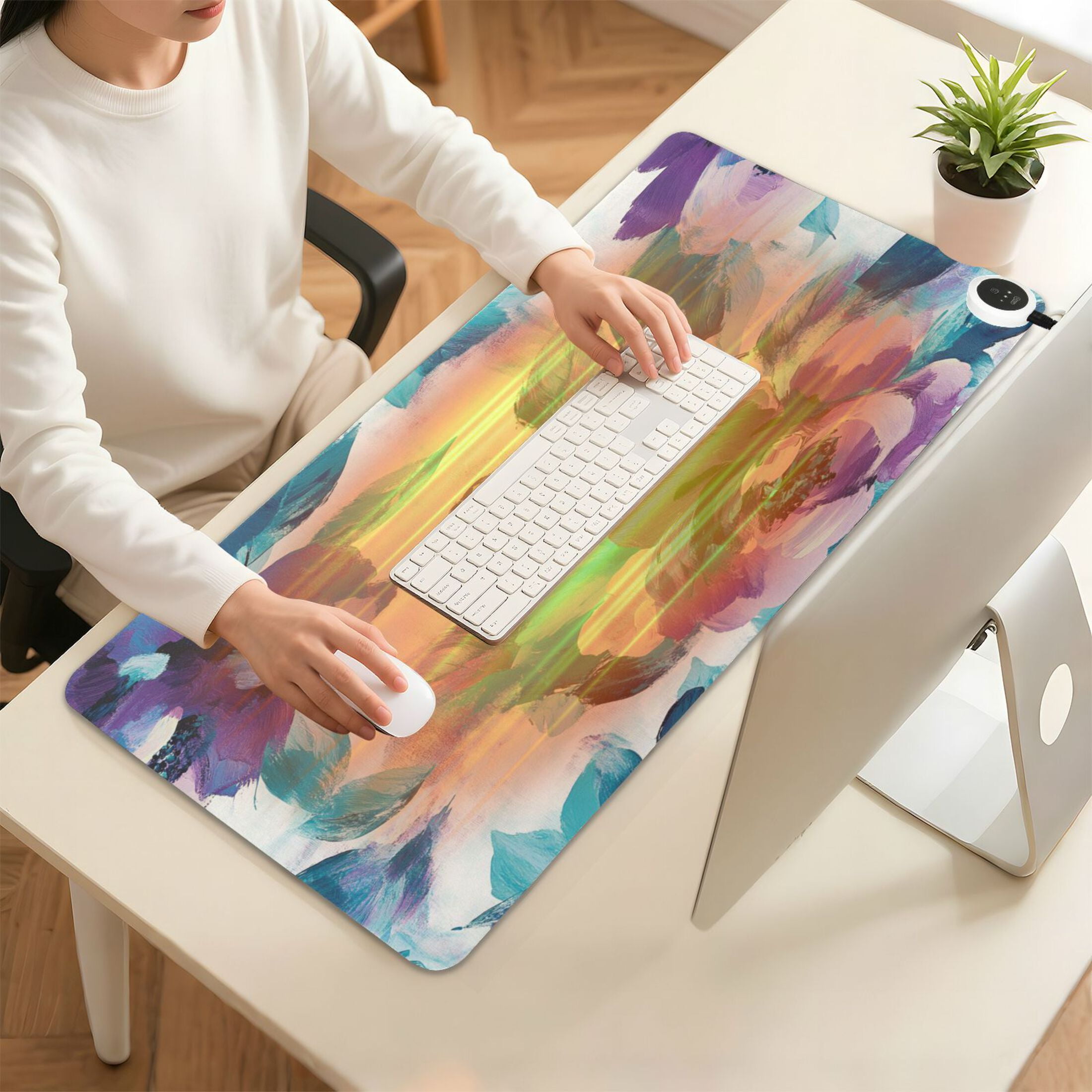 Wobogo Purple Green Flora Heated Mouse Pad Extra-Large Desk Mat With 3 Heating Levels and 3-hour Auto Shut-Off Protection Ideal for Computer Keyboards Home Office Hand-warming Essential 31.5in × 13in