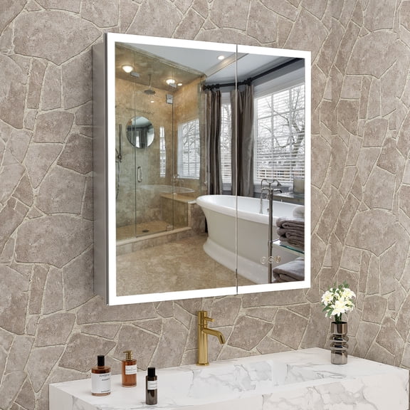 Noble House 30" x 32" LED Lighted Medicine Cabinet with Mirror, Adjustable Brightness, Recessed or Wall Mount, Silver