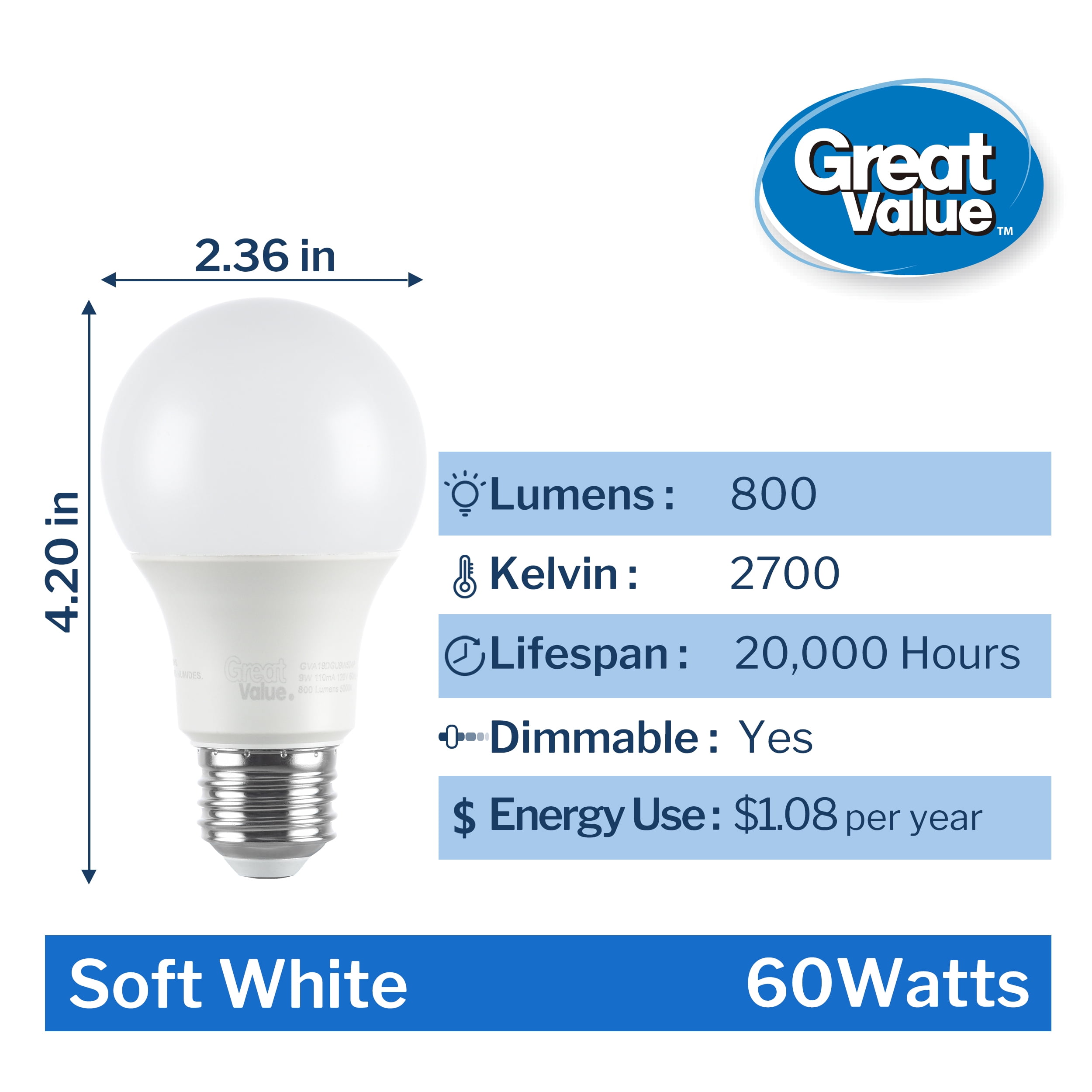 Great Value 18YR A19 LED Bulb, 9-Watt (60W Equivalent) E26 Base, Dimmable, Soft White, 4-Pack
