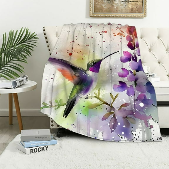 Pratyus Hummingbird Purple Flower Watercolor Splashes Throw Blanket for All Seasons, Soft Cozy Plush Lightweight Blanket 40x50in