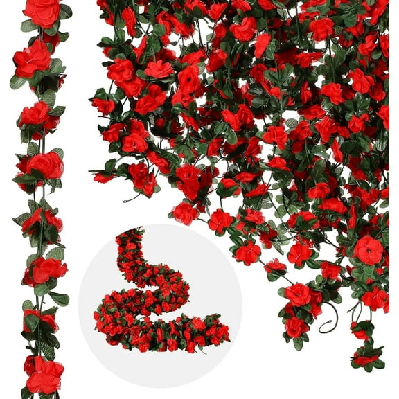 8 Pcs 66FT Flower Garland, Artificial Rose Vine Flowers with Green Leaves, Hanging Fake Roses Vine for Room Anniversary Wedding Birthday Christmas Wall Arch Decor, Spring Red Flower