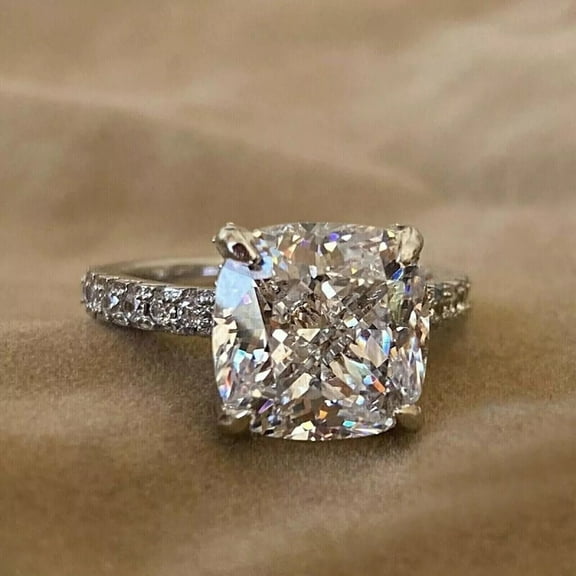 3 Ct Cushion Cut Diamond Engagement Solitaire With Accents Ring 14K White Gold Plated Silver