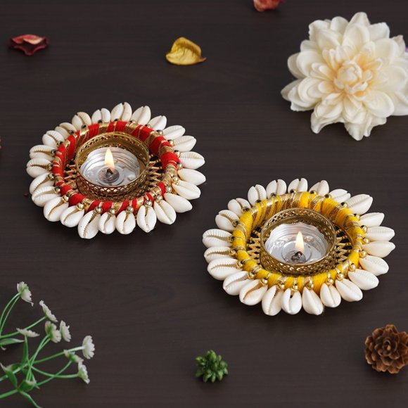 Set Of 2 Cowrie Shell Decorative Metal Tea Light Holders | Red, Yellow & White
