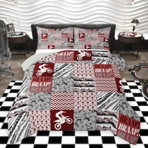 Homewish Cartoon Motorcycle Lover Queen Comforter Set, Grey Red Buffalo Patchwork Bedding Sets, Teens Kids Boys Girls Reversible Bedding Comforter Set, Ultra Soft Bedroom Decor, 3 Pieces