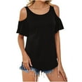 thumbnail image 1 of Timegard Womens Tops Summer Round Neck Cold Shoulder Ruffle Short Sleeve Comfy Tshirts Casual Loose Tops, 1 of 7