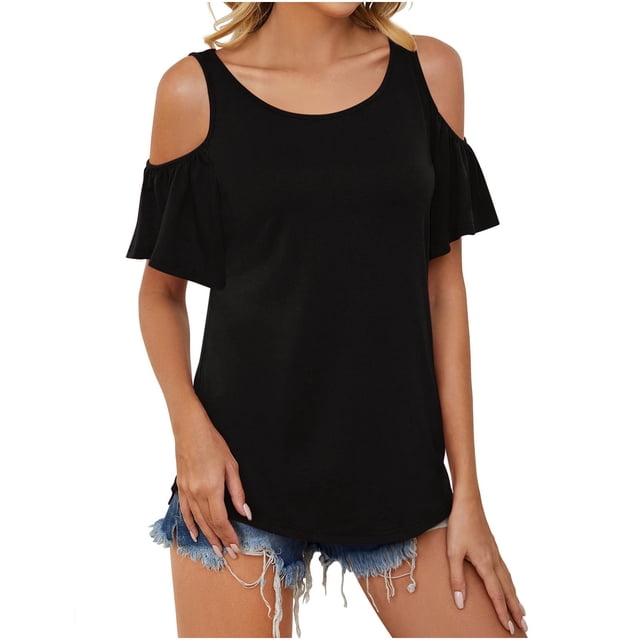 Timegard Womens Tops Summer Round Neck Cold Shoulder Ruffle Short Sleeve Comfy Tshirts Casual Loose Tops