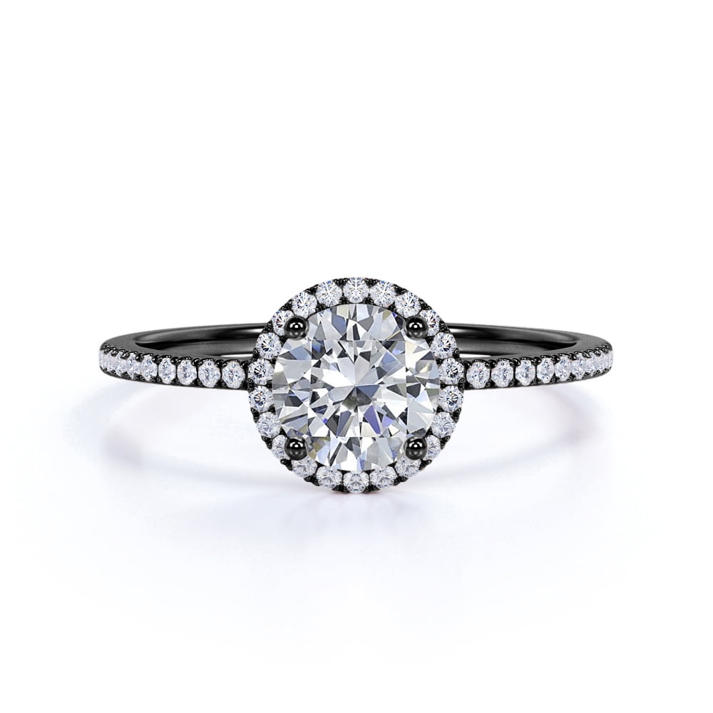 JeenMata 1.25 Carat Round Cut Engagement Ring Halo Pave in 18K Black Gold Plating over Silver