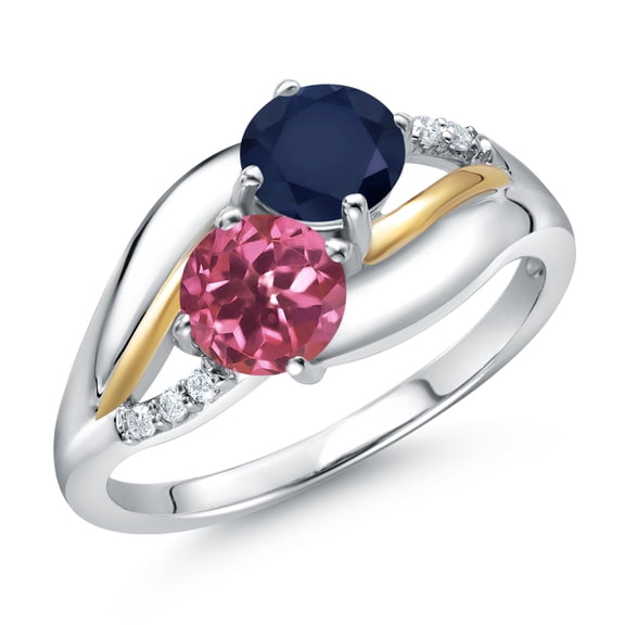 Gem Stone King 925 Sterling Silver and 10K Yellow Gold Pink Tourmaline Blue Sapphire and Lab Grown Diamond 2 Stone Engagement Ring for Women (1.16 Cttw, Round, October Birthstone, Size 6)