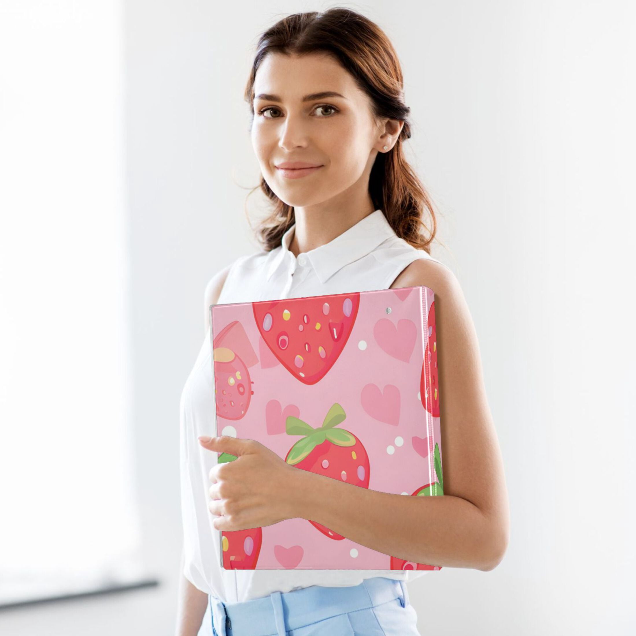 Cute Strawberry 3 Ring Binders 1.5 inch Hardcover File Folders with Interior Pockets A4 Size Organizer for School Office Hospital