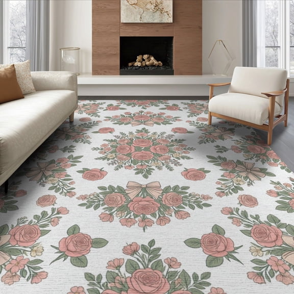 ODIKA 8'x10' Washable Area Rug Non-Slip Chair-Friendly Mat Scattered Roses Symmetrical Border Vintage Cottage Garden Style for Dining Room, Large Office, Lounge