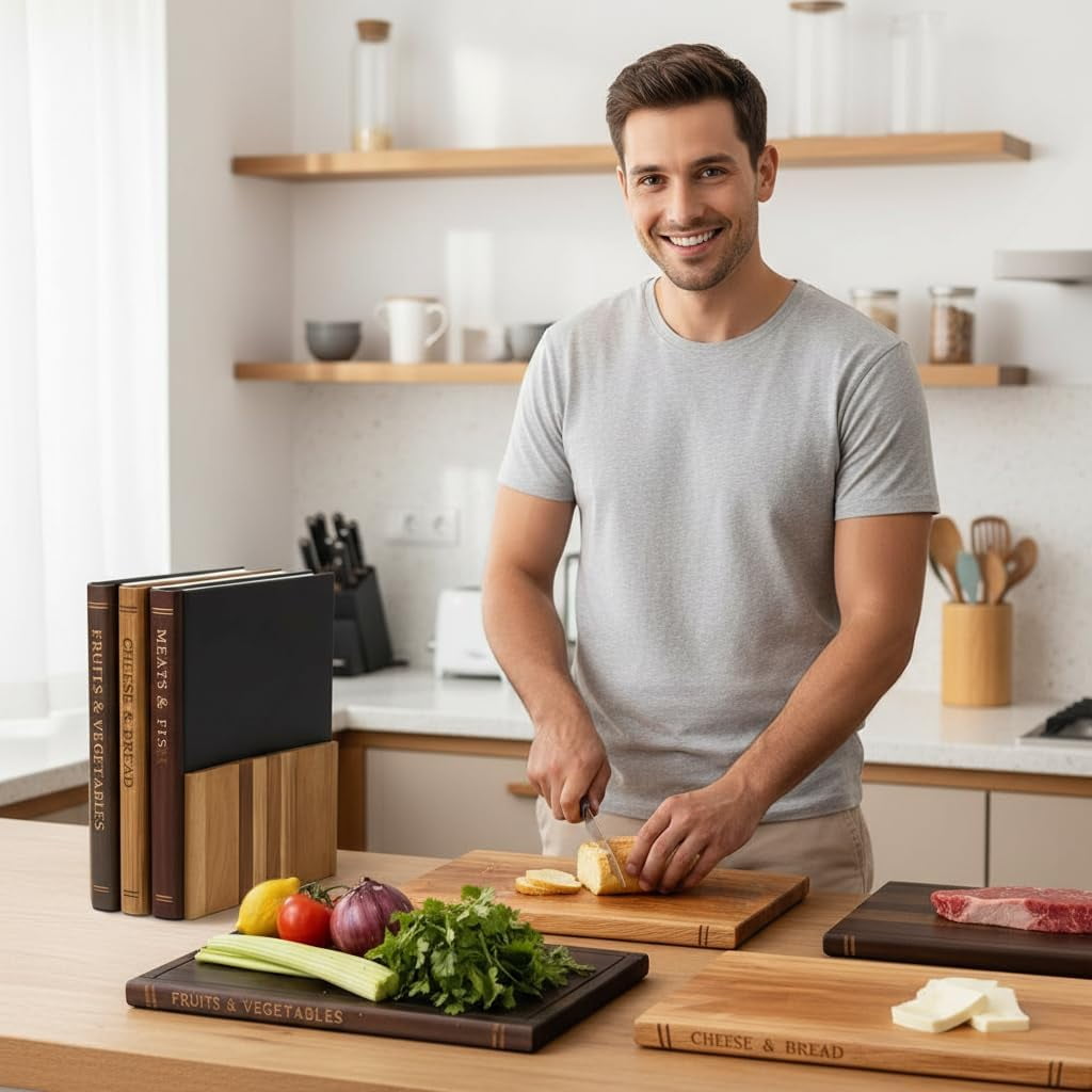 Book Cutting Board Set with Stand - Wooden Library Shaped Chopping Boards That Look Like Books, Labeled Meat, Fish, Cheese & Bread, Fruits & Vegetables, Decorative Kitchen Cutting Boards