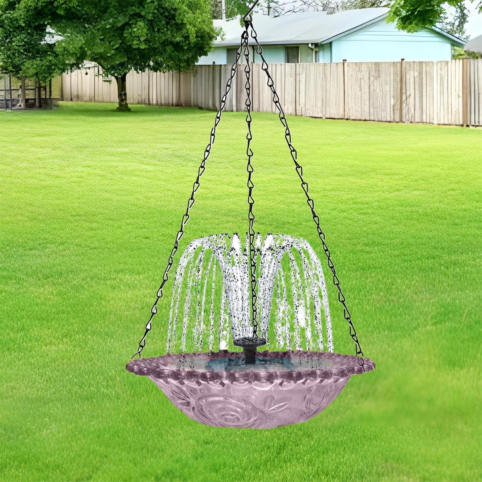 Solar Powered Hanging Bird Bath and Feeder for Outdoor Garden Yard Purple Glass with Metal Chain Fountain for Hummingbirds Wild Birds 18.11 Inches
