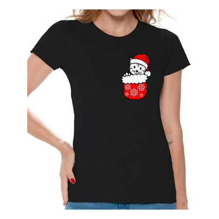 Awkward Styles Pocket Cat Christmas Shirt for Women Christmas Cat T Shirt Women's Holiday Top Cute Kitten in Pocket Xmas Gift for Her Holiday T-shirt Funny Tacky Party Holiday Shirt Cat Christmas