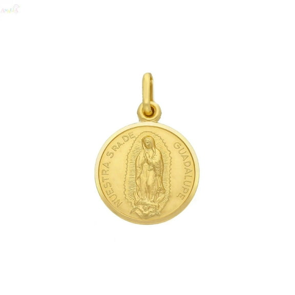 18K Solid Yellow Gold Our Lady of Guadalupe Virgin Medal Pendant 13mm