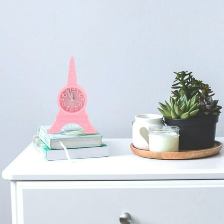 PBPBOX Battery Operated Pink Eiffel Tower Desktop Alarm Clock Creative Table Clock for Bedroom and Desk