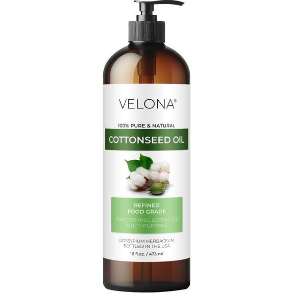 Cotton Seed Oil by Velona - 16 Fl Oz | 100% Pure and Natural Carrier Oil | Refined, Cold pressed | Cooking, Skin, Face, Body, Hair Care | Use Today - Enjoy Results