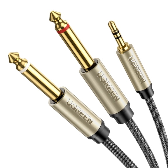 UGREEN 10FT Braided Audio Y Splitter Cable 3.5mm TRS to Dual 1/4 inch TS Stereo Cord compatible with iPhone, PC, Computer Sound Card, Mixer, Multimedia Speaker, Home Stereo System