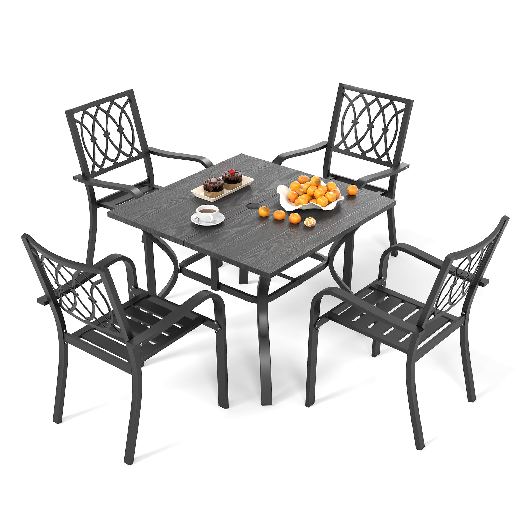 5‑Piece Outdoor Patio Dining Set, 4 Metal Chairs (350 lbs Capacity), 37.8" Square Wood‑Grain Metal Table w/ Umbrella Hole,Rustproof, Ergonomic Slat Design, 30‑Min Quick Assembly, Ideal for Garden