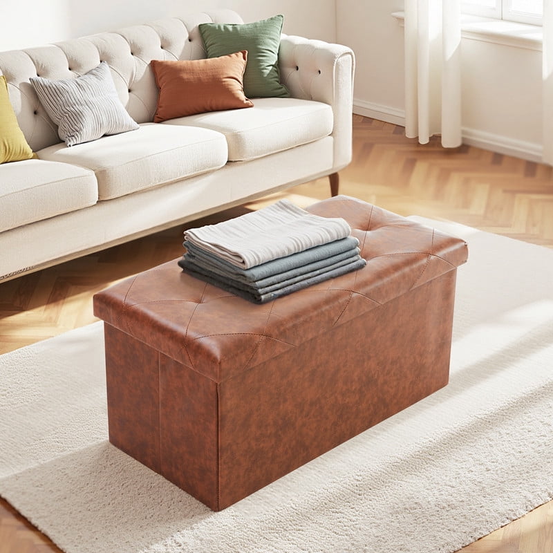 Gianna 30 Inches Folding Ottoman with Storage Bench, Foot Rest Stool, End of Bed Storage Bench Upholstered, Load 660 lbs, for Living Room, Synthetic Leather, Brown