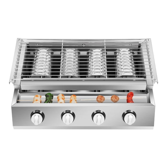Stainless Steel Portable Gas Grills, Height Adjustable Smokeless Grill with 4 Individual Burners and 4 Individual Switches, Tabletop Barbecue Grill for Outdoor Camping Patio Garden