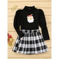 thumbnail image 2 of Seyurigaoka 2Pcs Kids Girls Santa Claus Print Long Sleeve Pullover + Plaid Pleated Skirt, 2 of 7