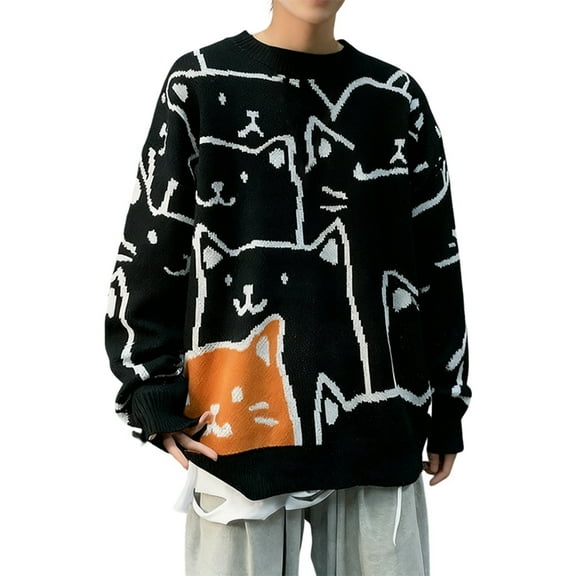 VNKIDY Men's Sweater Coat Autumn Winter Oversized Cat Print Knit Sweater Long Sleeve Relaxed Fit Thermal Fabric Jumper For Cold Weather Daily Wear Casual Knitwear