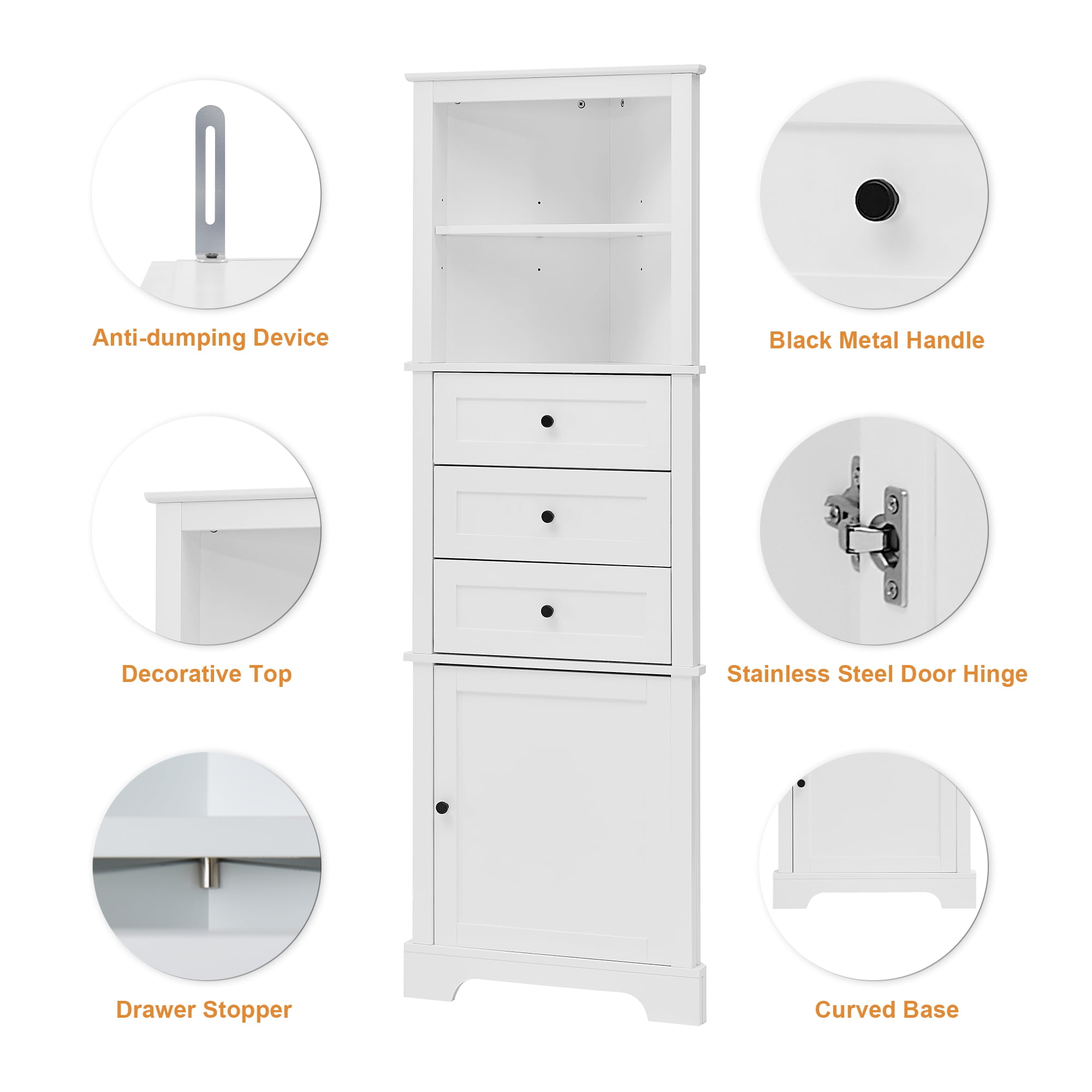 Euroco White Triangle Tall Cabinet with 3 Drawers and Adjustable Shelves for Bathroom, Kitchen or Living Room, MDF Board with Painted Finish
