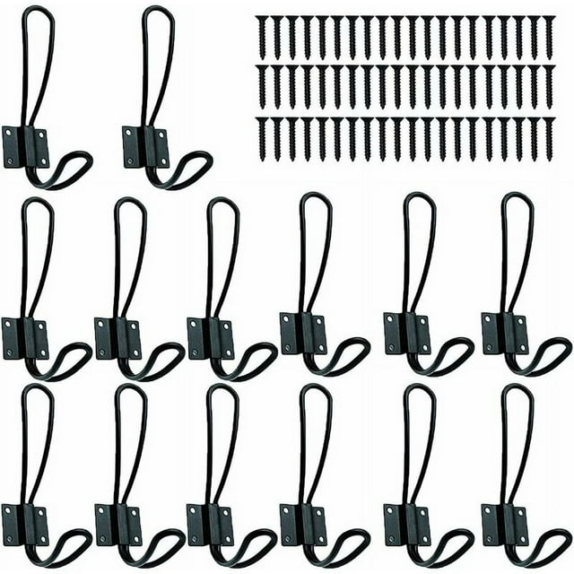 Jinsinto Coat Hook, 14 Pieces Large Double Fasteners Metal Robe Hook Cloth Hanging with Screws, Black