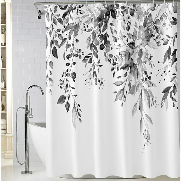 Black and White Eucalyptus Leaves Shower Curtain, Watercolor Plant Floral Bathroom Shower Curtain, Fabric Waterproof Botanical Shower Curtain with 12 Hooks, 72 x 72 Inch
