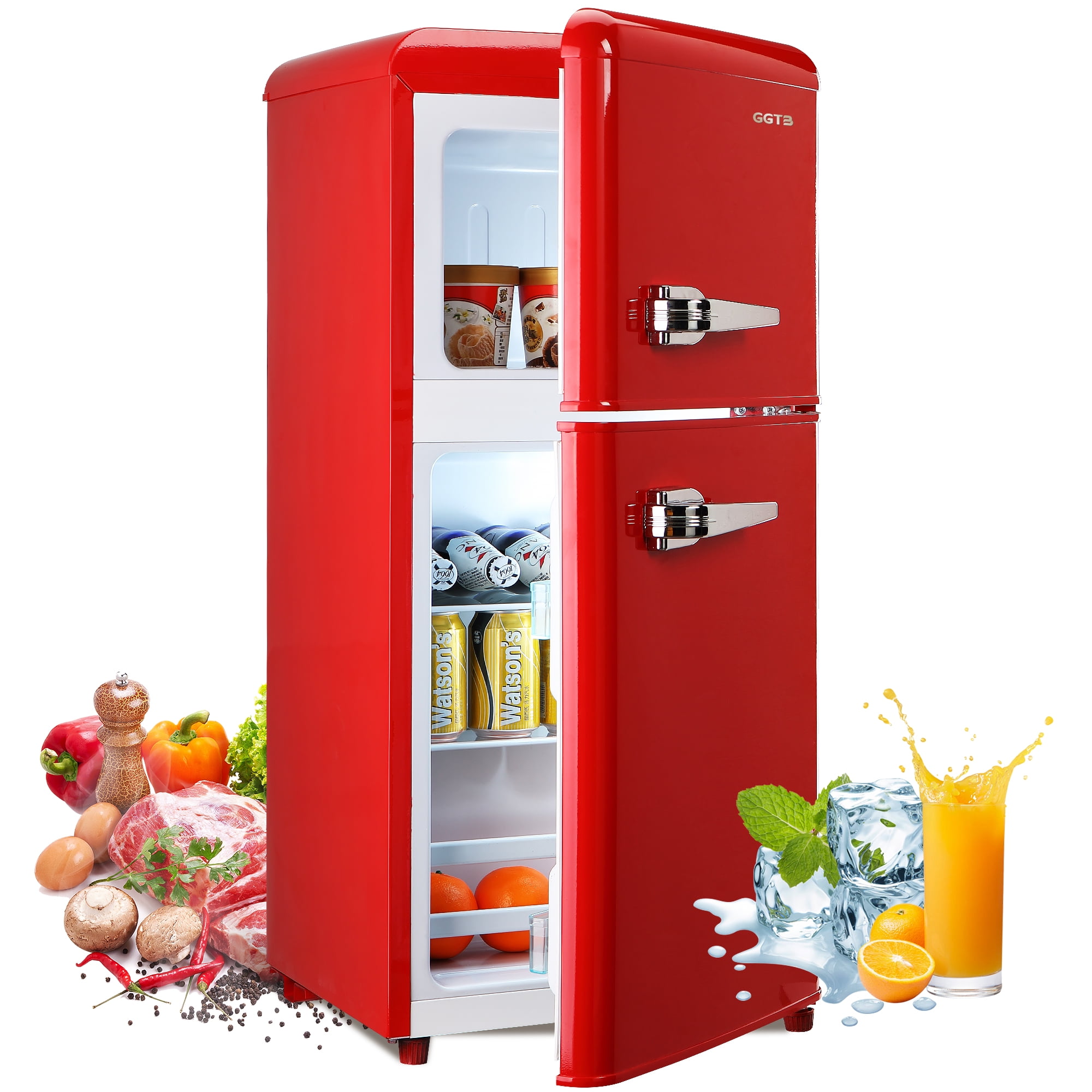 GGTB 3.2 cu.ft Retro Mini Fridge with Freezer, Double Door Compact Refrigerator, 7 Temperature Settings, Removable Shelves, Red for Dorm/Office/Apartment/Home