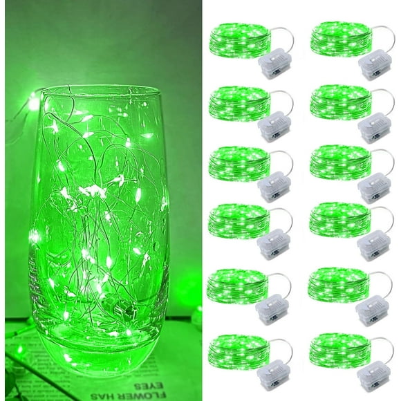 TRAHOO-Green LED Fairy Lights - 12pack, Battery Operated Mini String Lights, 7FT 20LED Silver Wire Fairy Lights Mini Firefly Starry String Lights Waterproof Twinkle Lights for Wedding Christmas Decor