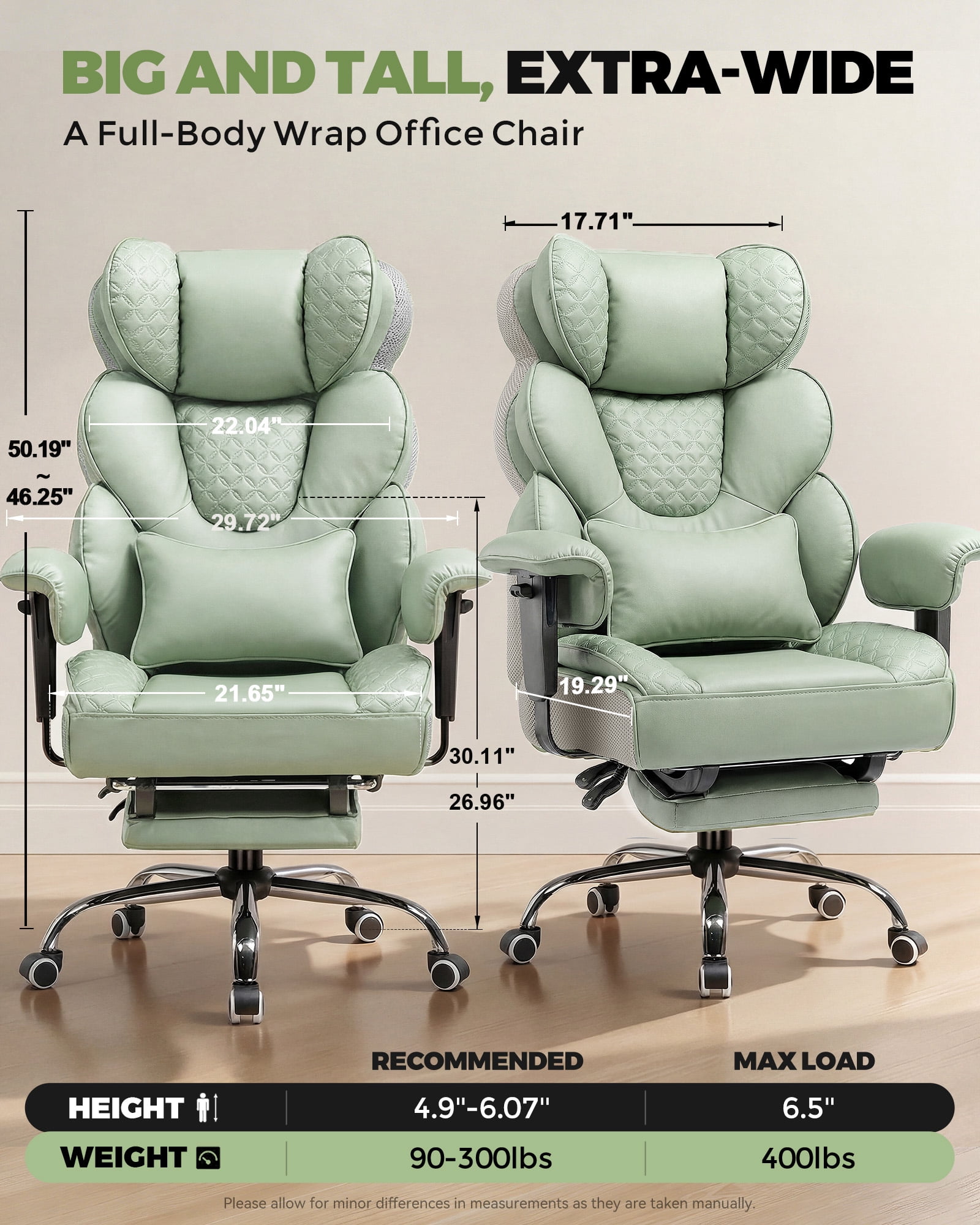 CloudRest Pro 400lbs Executive heavy duty office chair, High Back Ergonomic Computer Desk Chair with Lumbar Back Support,Green