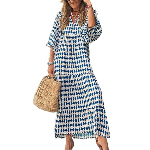 DLLMJING Geometric Printed Bubble Sleeved Dress Street Oversized Women's Clothing