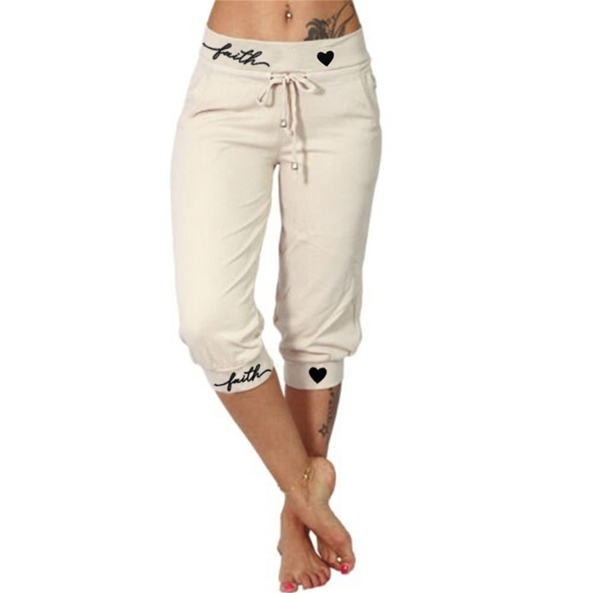 Summer Women's Fashion New Elastic Waist 3/4 Jogging Capri Pants Drawstring Casual Sport Fitness