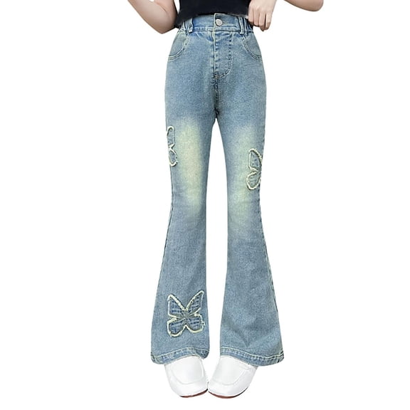 YunPes Teen Girls Flare Jeans High Waist Bell Bottom Pants Distressed Butterfly Patchwork Jeans Casual Cute Applique Denim Leggings